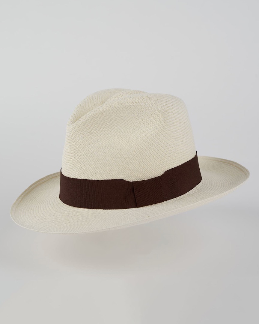 White Montecristi fedora with brown ribbon