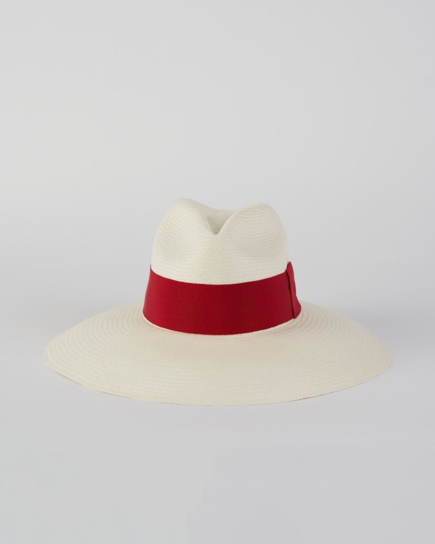 Wide-brimmed fedora with red ribbon